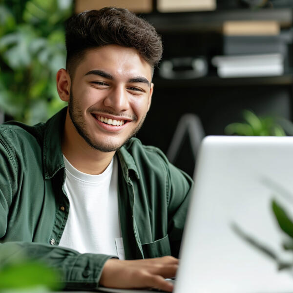 teen boy wearing a green shirt smiling as he works on his laptop.