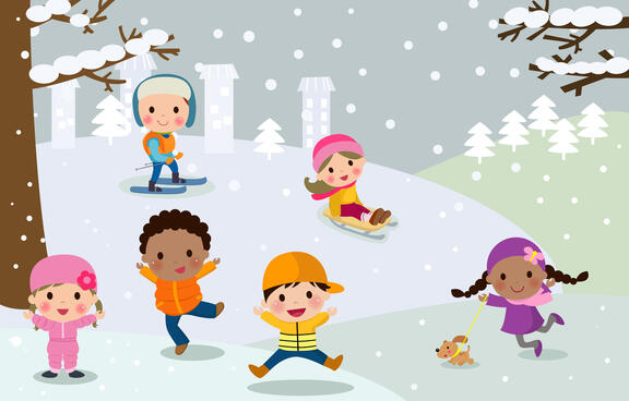 illustration of children in winter clothes playing in the snow. 