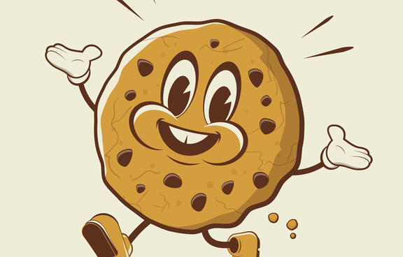 chocolate chip cookie character, with a face, hands and feet